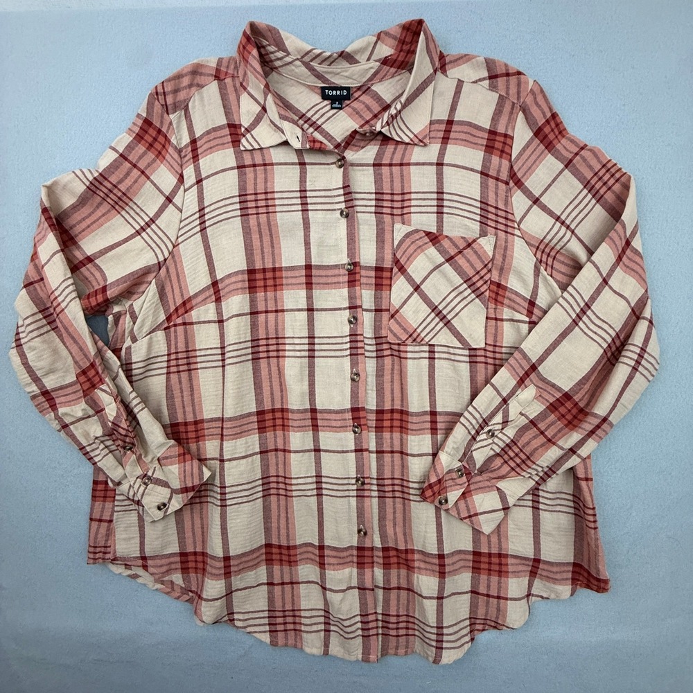 Torrid Lizzie Cotton Button Up Shirt Women 2 Pink Plaid Long Sleeve Pocket